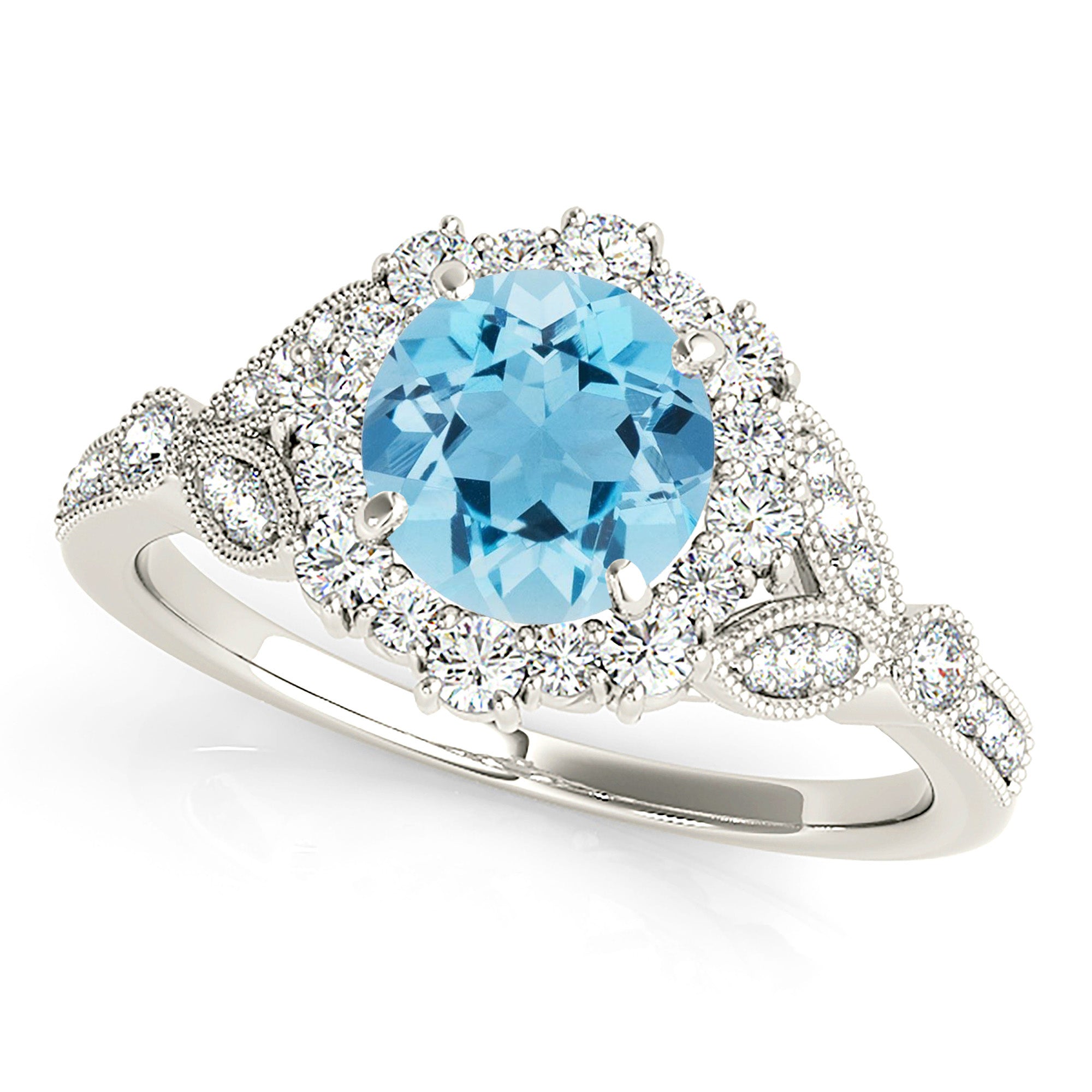 1.10 ct. Genuine Aquamarine Ring With 0.40 ctw. Diamond Flower Halo, Milgrain V Shape Graduating Diamond Band | Blue Aquamarine Halo Ring-VIRABYANI